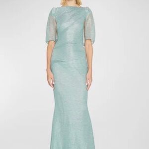 Talbot Runhof Doris Metallic Voile Gown Size 2 Teal Blue Evening Gown